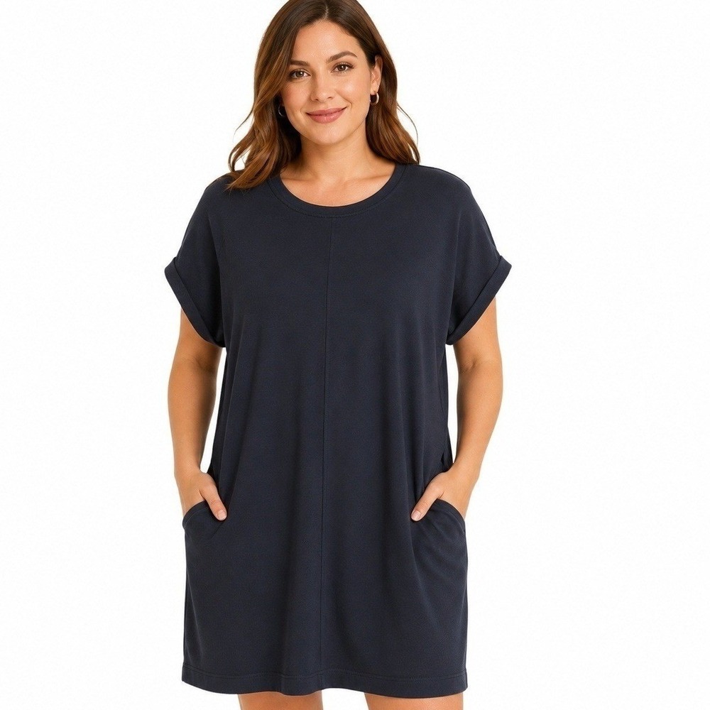 J.Jill Fit Dress Womans 1X Navy Blue Crew Neck Cuff Short Sleeve T-Shirt Pockets